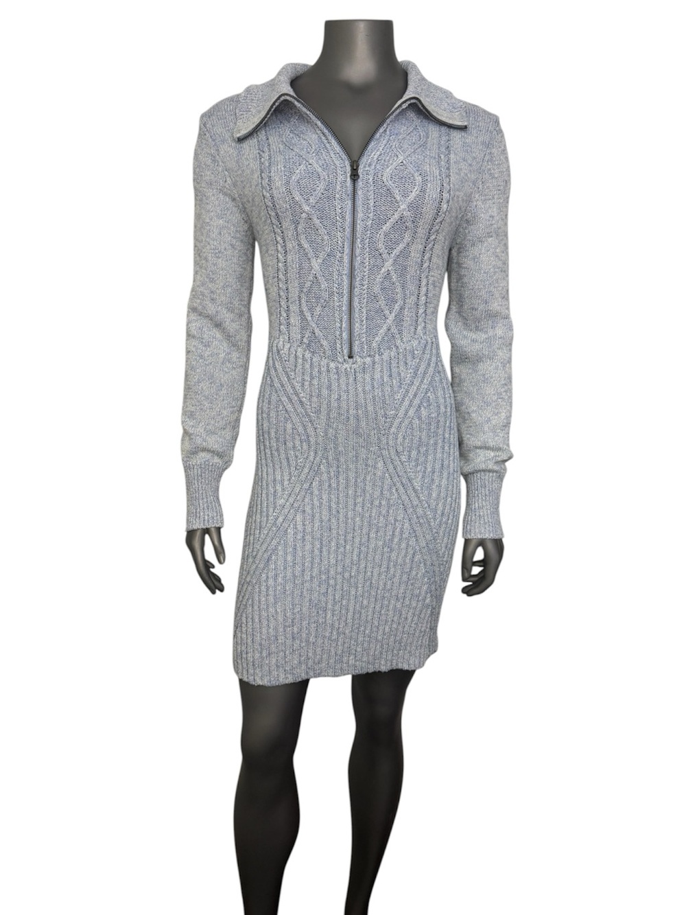 Free People Mont Blanc Mini Sweater Dress L Blue Cable Knit Zip Front Collar